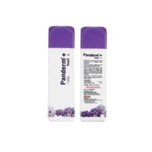 Panderm Plus antifungal dusting powder bottle front and back view for fungal infection, itching, ringworm, jock itch, athlete’s foot and sweat rash available online at SunriseDisp. 